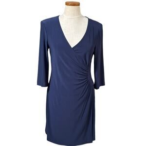 NWT Laundry by Shelli Segal Faux Wrap Dress SIZE M Solid Blue 3/4 Sleeve V Neck
